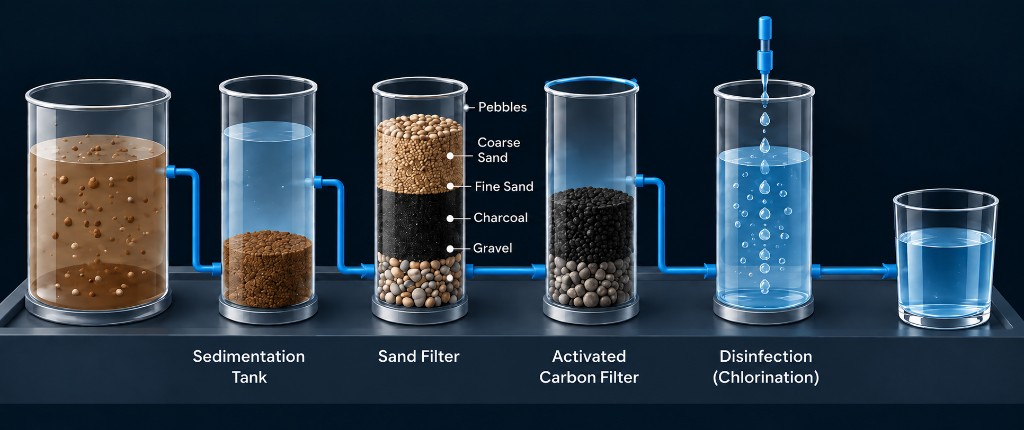 Water purification apparatus showing sedimentation, sand filtration, activated carbon filtration and disinfection